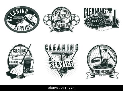 Vintage professional cleaning service labels set with inscriptions housekeeping tools and products isolated vector illustration Stock Vector
