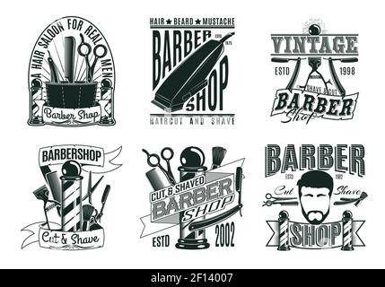 Monochrome vintage barber shop logos set with  inscriptions haircut equipment tools and accessories isolated vector illustration Stock Vector