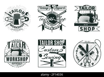 Vintage tailor workshop labels set with inscriptions accessories tools and equipment in monochrome style isolated vector illustration Stock Vector