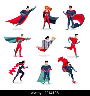 Superheroes characters set with people wearing colorful costumes in different poses and actions isolated vector illustration Stock Vector