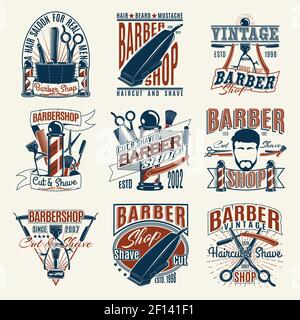 Colored vintage barbershop logotypes set with inscriptions hipster head pole haircut accessories and tools isolated vector illustration Stock Vector