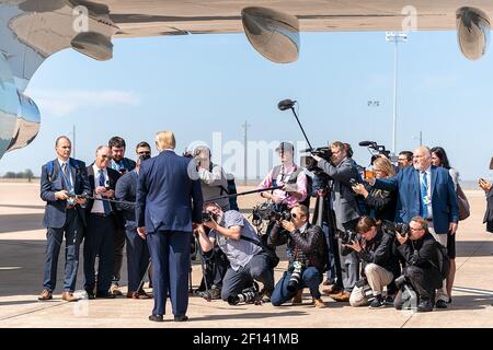 President Donald Trump speaks with reporters after disembarking Air Force One Thursday Oct. 17 2019 at Joint Reserve Base Fort Worth in Texas. Stock Photo