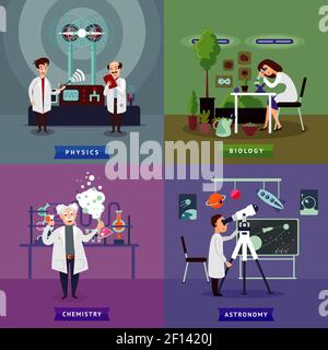 Flat scientific research square concept with chemist biologist physicists and astronomer in laboratory vector illustration Stock Vector
