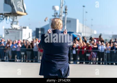 President Donald Trump disembarks Air Force One at Los Angeles International Airport in Los Angeles Tuesday September 17 2019 and is greeted by guests and supporters. Stock Photo