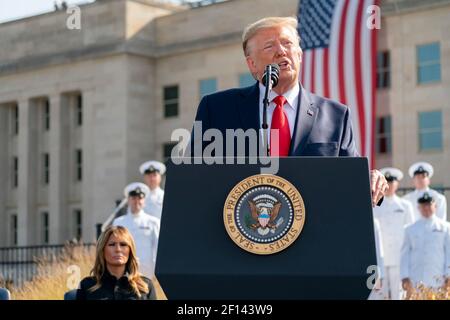 First Lady Melania Trump listens as President Donald Trump delivers remarks during the September 11th Pentagon Observance Ceremony Wednesday Sept. 11 2019 at the Pentagon in Arlington Va. Stock Photo