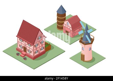 Isometric farm buildings set with farmer house barn and windmill on grass isolated vector illustration Stock Vector