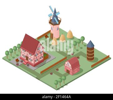 Isometric farming concept with house mill barn trees plants fence and hay bales vector illustration Stock Vector