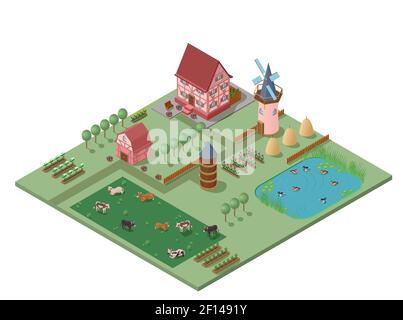 Isometric agriculture rural composition with farming buildings trees flowers vegetables cows and ducks in pond vector illustration Stock Vector