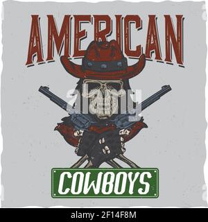 Cowboy t-shirt label design with illustration of skull ath the hat with two guns at the hands. Hand drawn illustration. Stock Vector