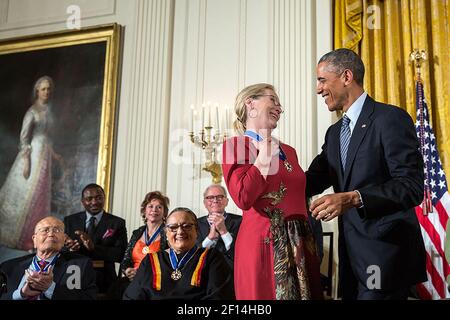 President Barack Obama presents the Presidential Medal of Freedom to Meryl Streep during a ceremony in the East Room of the White House, Nov. 24, 2014 Stock Photo
