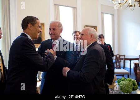 President Barack Obama drops by VP Joe Biden's meeting with former  Soviet Union President Mikhail Gorbachev in the Vice President's Office West Wing 3/20/09. Stock Photo