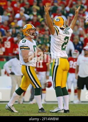 09 September 2007: Green Bay Packers rookie place kicker Mason Crosby (2)  and holder Jon Ryan (9) celebrate Crosby's 53 yard field goal against the  Philadelphia Eagles in the first quarter at Lambeau Field in Green Bay,  Wisconsin. The Eagles lost to th