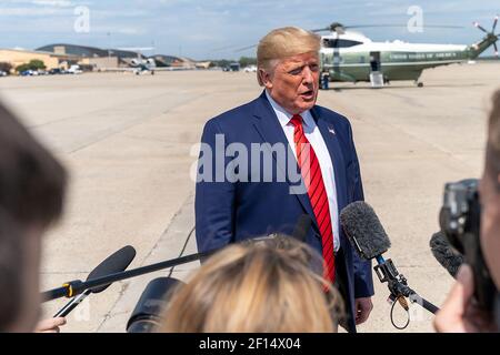 President Donald Trump speaks with reporters after disembarking Air Force One Thursday Sept. 26 2019 at Joint Base Andrews Md. Stock Photo