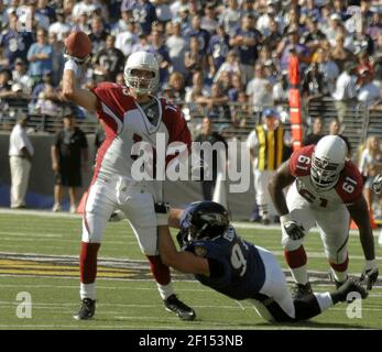 Green Bay Packers' Aaron Rodgers (12) throws with Baltimore Ravens' Kelly  Gregg (97) rushing during the