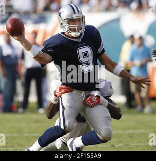 Dallas Cowboys quarterback Tony Romo releases a pass against the Denver  Broncos during the first quarter of a preseason game at Cowboys Stadium in  Arlington, Texas, Thursday, August 11, 2011. (Photo by