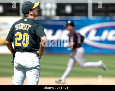 Oakland Athletics' Huston Street, left, smiles with teammate Bobby