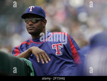 Sammy Sosa of the Texas Rangers during batting practice before a game  against the Los Angeles Angels in a 2007 MLB season game at Angel Stadium  in Anaheim, California. (Larry Goren/Four Seam