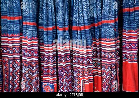 Hmong Fabric skirt material - indigo-dyed, applique and embroidery. Sapa, Vietnam. Same shared by Hmong groups in Thailand Stock Photo