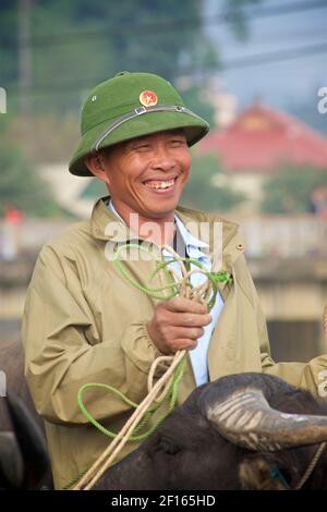 Livestock market. Smiling Vietnamese man in distinctive army pith helmet, selling water buffalo at Bac Ha market, Lao Cai province, northeast Vietnam Stock Photo