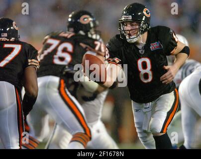 Chicago Bears quarterback Rex Grossman (8) looks down field through the  rain to attempt a pass during the second half of Super Bowl XLI at Dolphin  Stadium in Miami on February 4