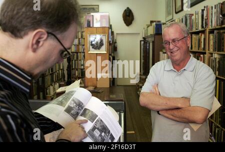 Aaron Leventhal, of Albany, left, and Robert D. Haines Jr. talk about Robert D. Haines Sr., at the family store, the Argonaut Book Shop on Sutter Street in San Francisco, October 8, 2008. The senior Haines was considered the inspiration for the the bookshop character Pop Leibel in the Alfred Hitchcock's movie 'Vertigo,' which turns 50 this year. Leventhal is the coauthor of 'Footsteps in the Fog,' a book about Alfred Hitchcock's films that were shot in the bay area. (Photo by Maria Avila/San Jose Mercury News/MCT/Sipa USA)