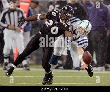 Indianapolis Colt's Dallas Clark (44) is hit by Denver Bronco Anton Palepoi  (95 in the AFC wild card playoff at the RCA Dome in Indianapolis, IN on  January 9, 2005. The Indianapolis