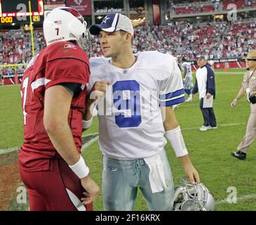 Dallas Cowboys Tony Romo calls a play in the huddle as his team plays the  Detroit Lions in a NFL Wild Card Game at AT&T Stadium in Arlington, Texas  on January 4, 2015. The Cowboys won 24-20 and advance to face the Green Bay  Packers next