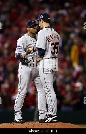 Oct 21, 2006; Detroit, MI, USA; Detroit's IVAN RODRIGUEZ talks to pitcher JUSTIN  VERLANDER during the fourth inning of Game 1 of the World Series against  the St. Louis Cardinals at Comerica