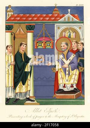Abbot Elfnoth Died 980 Presenting A Book Of Prayer To The St Augustine Archbishop Of Canterbury Or A Bishop Possibly Heinrich Ii Of Augsburg Passing A Book To Ulrich Patron Saint Of Augsburg Cathedral From The Augsburg Sacramentary Harley Ms