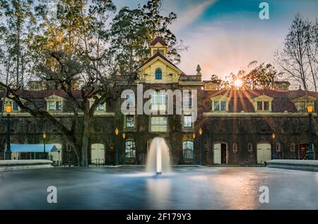 Rutherford, USA - February 27, 2021: Ivy covered facade of the Francis Ford Coppola Inglenook winery Napa Valley, California at sunset in the spring Stock Photo