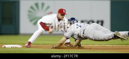 Jim Edmonds of the St. Louis Cardinals during a 2002 MLB season game  against the Los Angeles Dodgers at Dodger Stadium, in Los Angeles,  California. (Larry Goren/Four Seam Images via AP Images