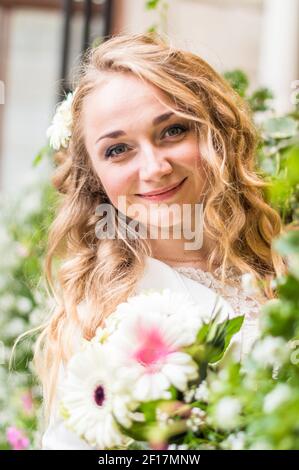 Portrait of bride in white dress Stock Photo