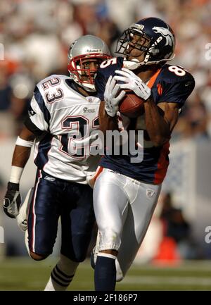 Denver Bronco's receiver Ashley Lelie pulls ina 44 yard reception as San  Diego Chargers' defender Drayton Florence gets his hand in Lelie's face in  the first quarter of their game Sunday Dec.