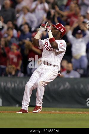 PHILADELPHIA, PA - SEPTEMBER 27: Philadelphia Phillies Outfield Bryce Harper  (3) squats frustrated at first base after being tagged out during the Miami  Marlins game versus the Philadelphia Phillies on September 27