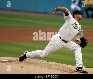 Josh Beckett of the Florida Marlins pitches during a 2002 MLB season game  against the Los Angeles Dodgers at Dodger Stadium, in Los Angeles,  California. (Larry Goren/Four Seam Images via AP Images