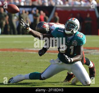 Pittsburgh Steelers Strong Safety Troy Polamalu (43) tackles Miami Dolphins  Tight End Randy McMichael (81) during a second quarter downpour on  September 26, 2004 at Pro Player Stadium in Miami, Fl. The