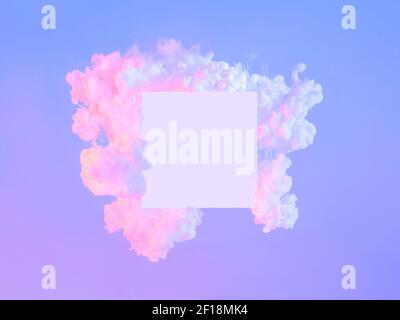 Creative abstract neon background with copy space. Empty white square and clouds made from white paint in blue or violet and pink light. Fluid creative composition. Trendy minimal frame concept. Stock Photo