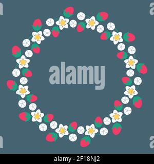 Beautiful round frame with strawberries. Festive design. Floral gold border. Vector illustration EPS10 Stock Vector