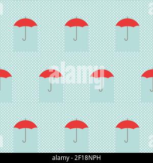 Seamless background with raindrops and red umbrellas on blue sky. Overcast pattern. Vector illustration. Cartoon rain weather wallpaper. Rainy weather Stock Vector