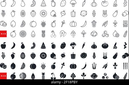 Set of vector icons. Vegetables, fruits and berries. Black isolated silhouette. Fill solid icon, glyph. Contour, shape, outline. Thin line. Modern Stock Vector