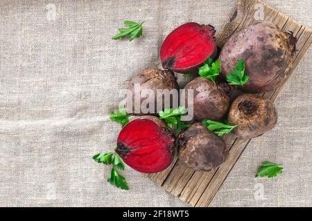 Beets for cooking. Beetroot vegetables on the table. Top view. Stock Photo