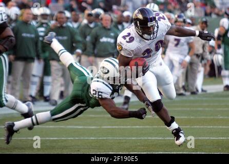 New York Jets Erik Coleman tries to bring down Philadelphia Eagles Brian  Westbrook in the second quarter at Giants Stadium in East Rutherford, New  Jersey on October 14, 2007. The Philadelphia Eagles