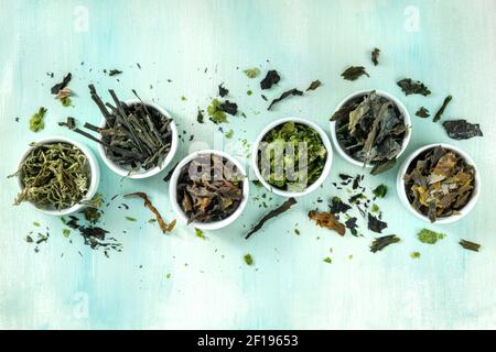 Sea vegetables variety, overhead flat lay shot on a blue background Stock Photo