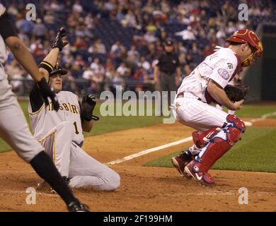 PHILADELPHIA, PA - SEPTEMBER 27: Philadelphia Phillies Outfield Bryce Harper  (3) squats frustrated at first base after being tagged out during the Miami  Marlins game versus the Philadelphia Phillies on September 27