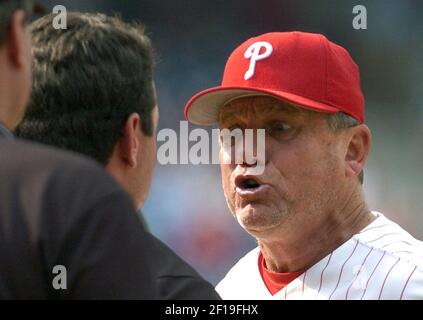 Philadelphia Phillies manager Larry Bowa yells at umpires Terry Craft, far  right, and Charlie Reliford after he was ejected with one out in the top of  the ninth inning against the Atlanta