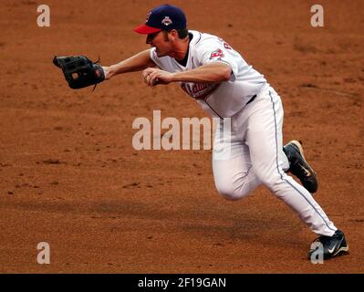 The Cleveland Indians Ben Broussard (C) hit a three run home run to deep  left center in the third inning scoring Victor Martinez (R) and Ronnie  Belliard (L) off of the Baltimore