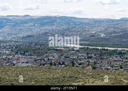 An aerial view of the Thompson River and the town of Kamloops in British Columbia, Canada Stock Photo