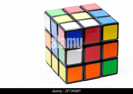 Umea, Norrland Sweden - February 14, 2021: toy cube seen from the side on a white background Stock Photo