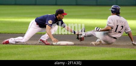 Cleveland Indians Roberto Alomar (12) in action during a game from his 2001  against at Jacobs FIeld in Cleveland, Ohio. Roberto Alomar played for 17  season with 7 different teams was a