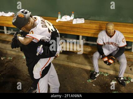 May 26, 2001; San Francisco, CA, USA; San Francisco Giants Shawon Dunston  can't avoid the tag of the Rockies catcher Ben Petrick in the 4th innings  of the Giants 10-4 loss to